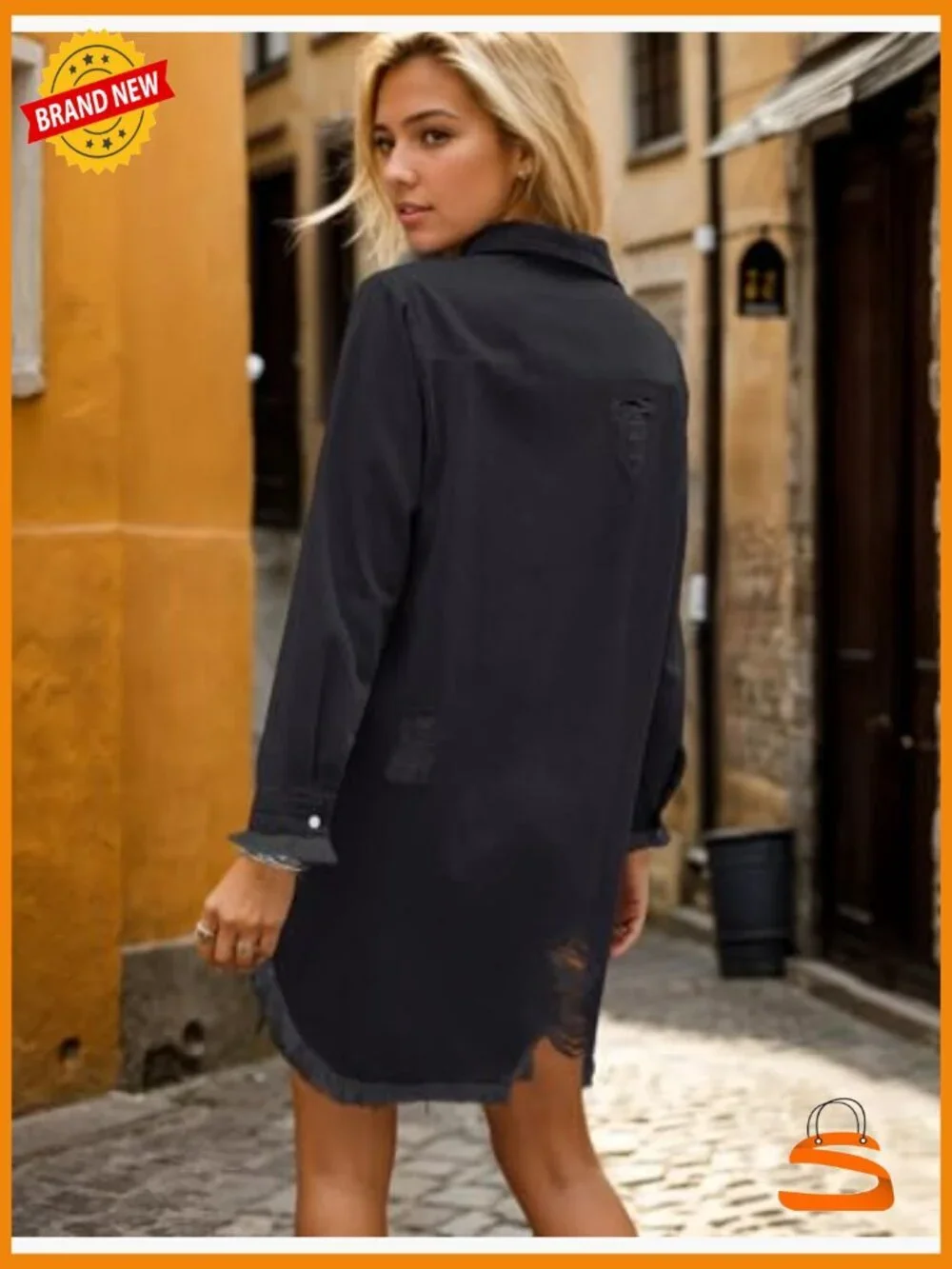 Distressed Denim Shirt Dress Button Down Long Sleeve Jean Tunic